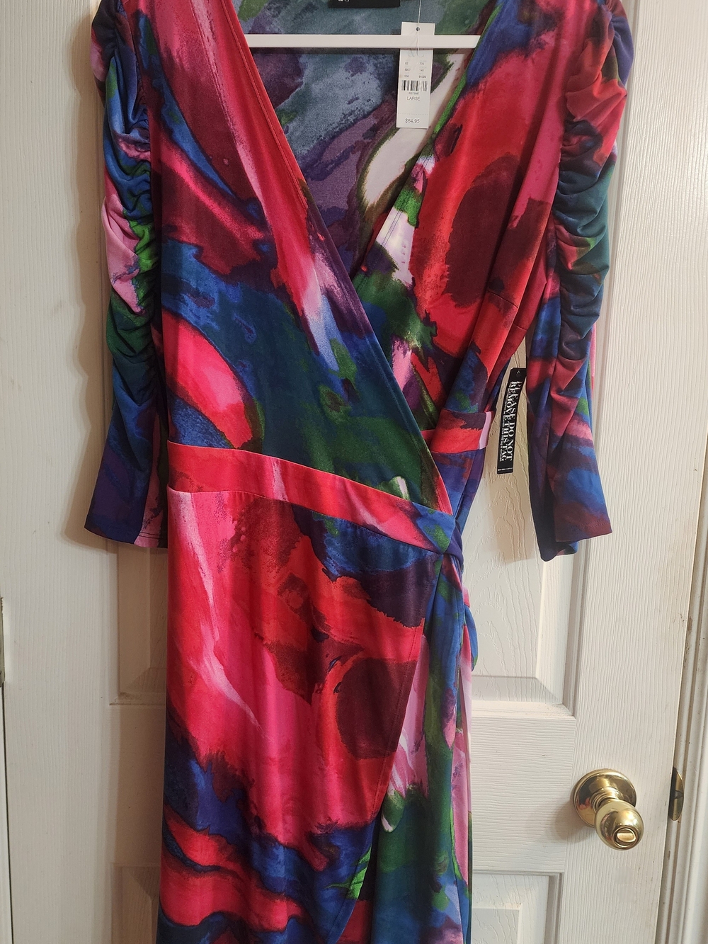 New York & Company Fuchsia Multicolor Watercolor Wrap Midi Dress - Picture 2 of 4